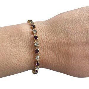 Vintage Gold Plated Tennis Bracelet Purple Clear Crystal Rhinestones 7 In VG